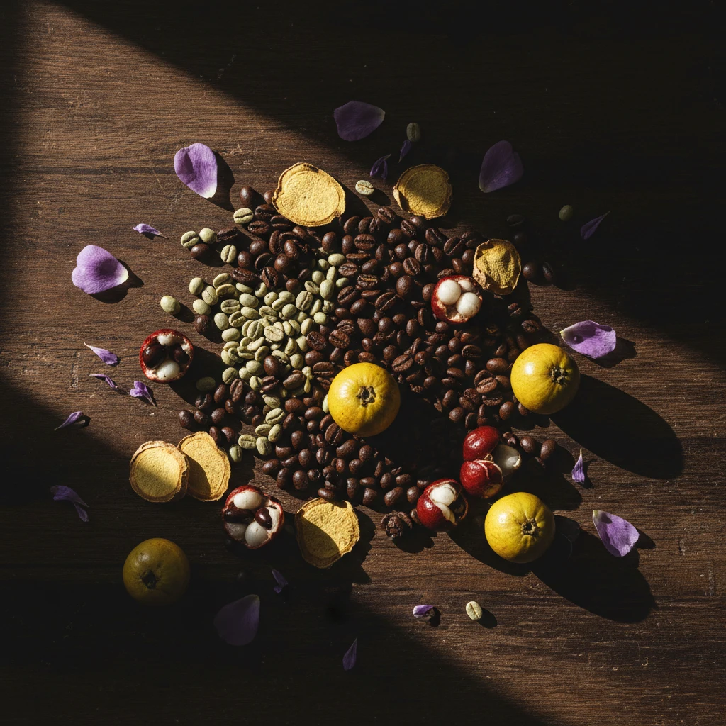 Botanical coffee ingredients flat-lay: green coffee beans, ginger, guaraná and garcinia cambogia