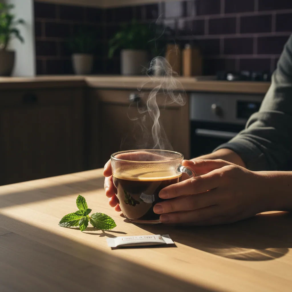 Hands around a warm glass mug of coffee - morning wellness ritual with Wellaray Coffee sachet